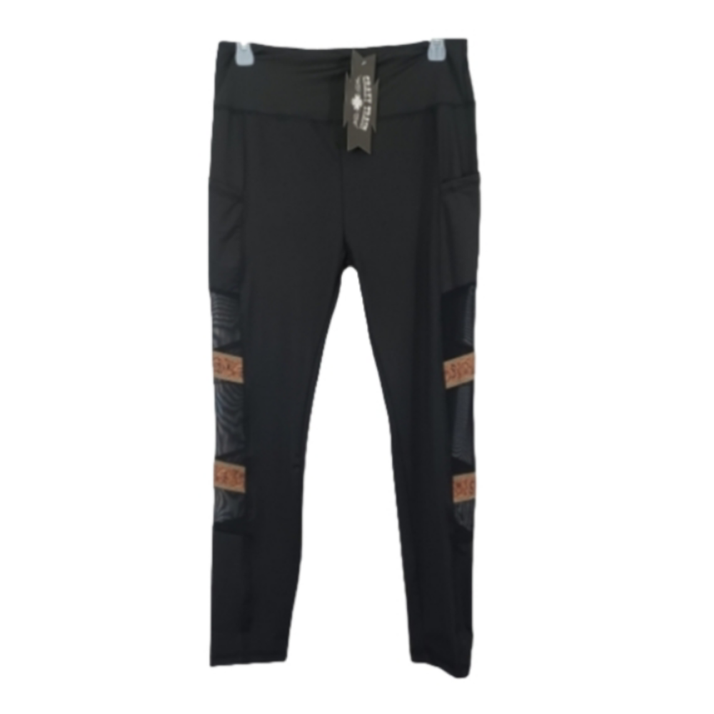 Crazy Train Buckstitch Barbells Leggings - NWT - Black Mesh Inset - Size M